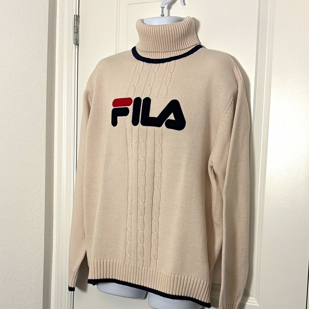 Fila wool blend cable knit logo sweater xl preppy grandpa core Ivy League 90s